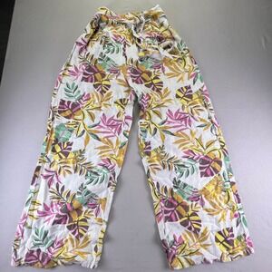 Japna Tropical Leaf Print Wide Leg Pants Womens Medium Linen Blend Belted Pink